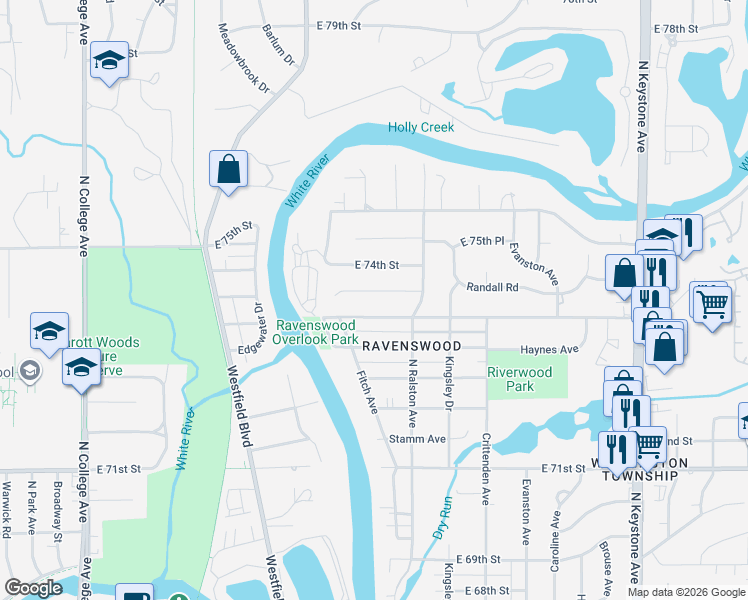 map of restaurants, bars, coffee shops, grocery stores, and more near 1527 East 74th Street in Indianapolis