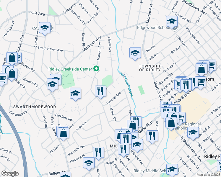 map of restaurants, bars, coffee shops, grocery stores, and more near 322 7th Avenue in Swarthmore