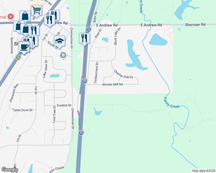map of restaurants, bars, coffee shops, grocery stores, and more near 27 Woodsmill Road in Sherman