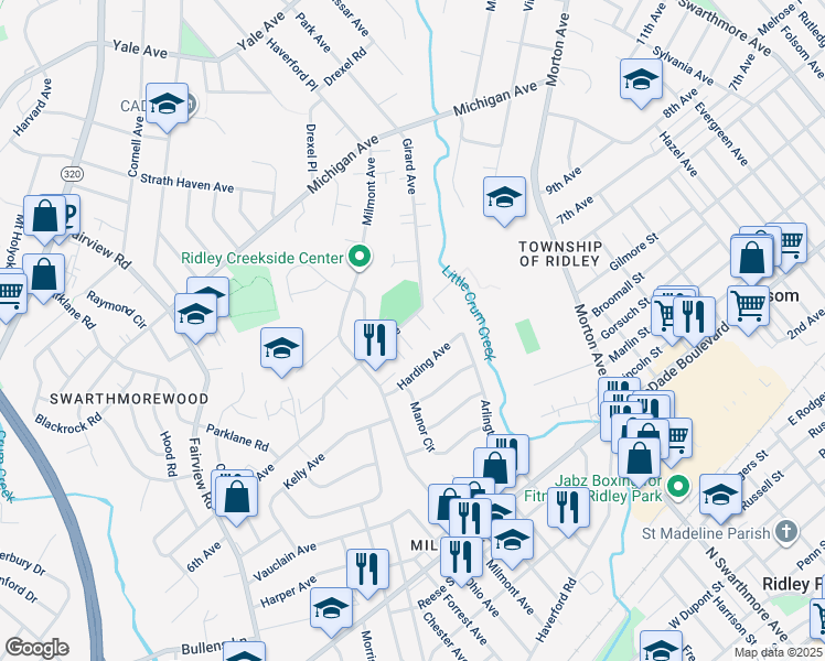 map of restaurants, bars, coffee shops, grocery stores, and more near 322 7th Avenue in Swarthmore