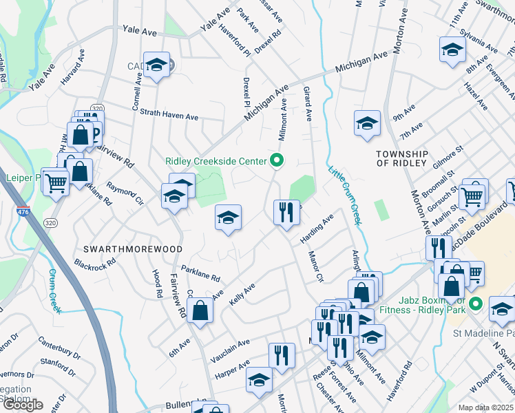 map of restaurants, bars, coffee shops, grocery stores, and more near 729 Milmont Avenue in Swarthmore