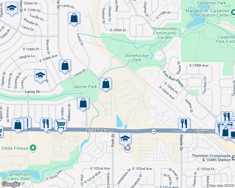 map of restaurants, bars, coffee shops, grocery stores, and more near Sunny Acres in Thornton
