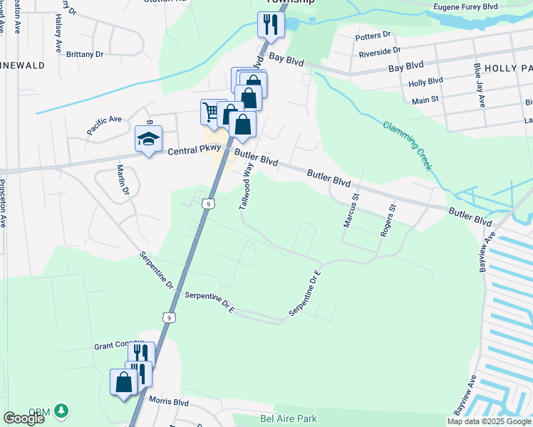 map of restaurants, bars, coffee shops, grocery stores, and more near 18 Butler Boulevard in Ocean County