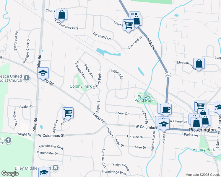 map of restaurants, bars, coffee shops, grocery stores, and more near 238 England Street in Pickerington