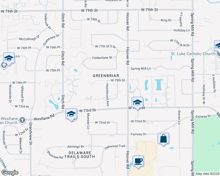 map of restaurants, bars, coffee shops, grocery stores, and more near 7438 Frederick Drive East in Indianapolis