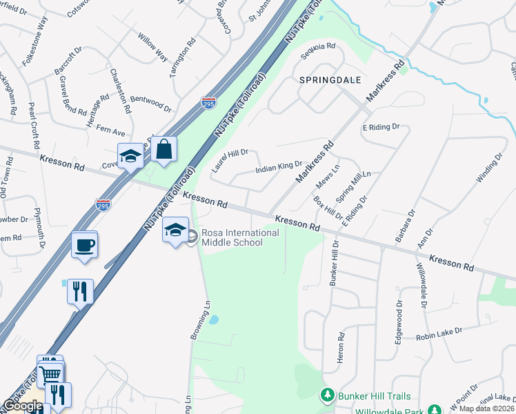 map of restaurants, bars, coffee shops, grocery stores, and more near 3 Colonial Lane in Cherry Hill
