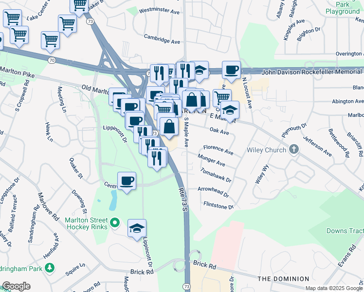 map of restaurants, bars, coffee shops, grocery stores, and more near 30 South Maple Avenue in Evesham Township