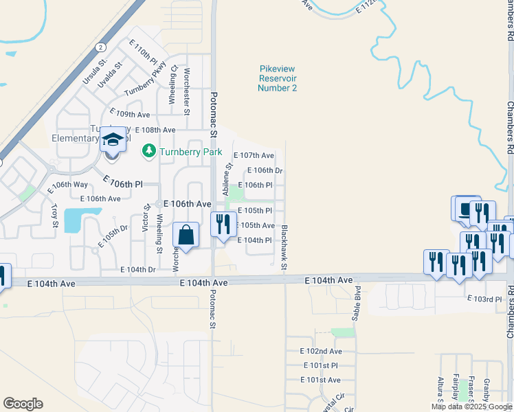 map of restaurants, bars, coffee shops, grocery stores, and more near 13947 East 105th Place in Commerce City