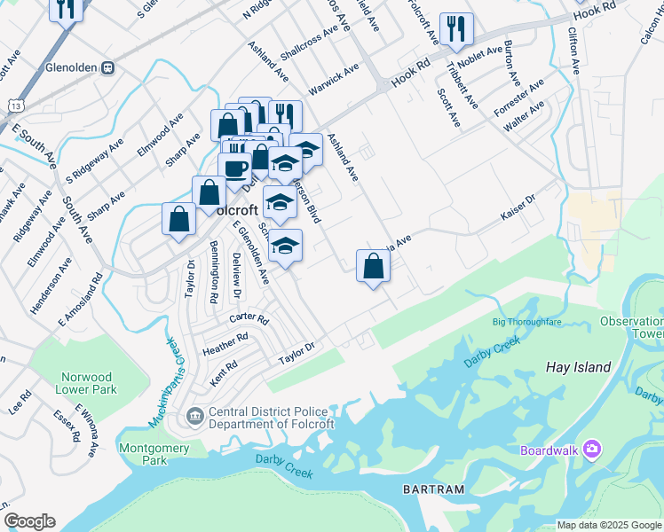 map of restaurants, bars, coffee shops, grocery stores, and more near 930 Henderson Boulevard in Folcroft