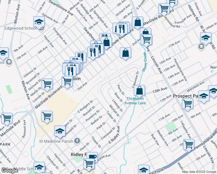 map of restaurants, bars, coffee shops, grocery stores, and more near 603 Michell Street in Ridley Park