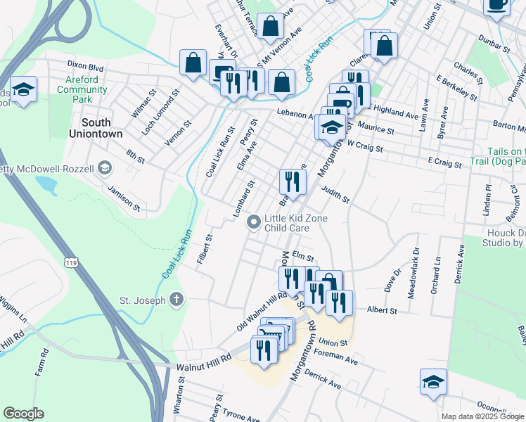 map of restaurants, bars, coffee shops, grocery stores, and more near 428 Clarendon Avenue in Uniontown