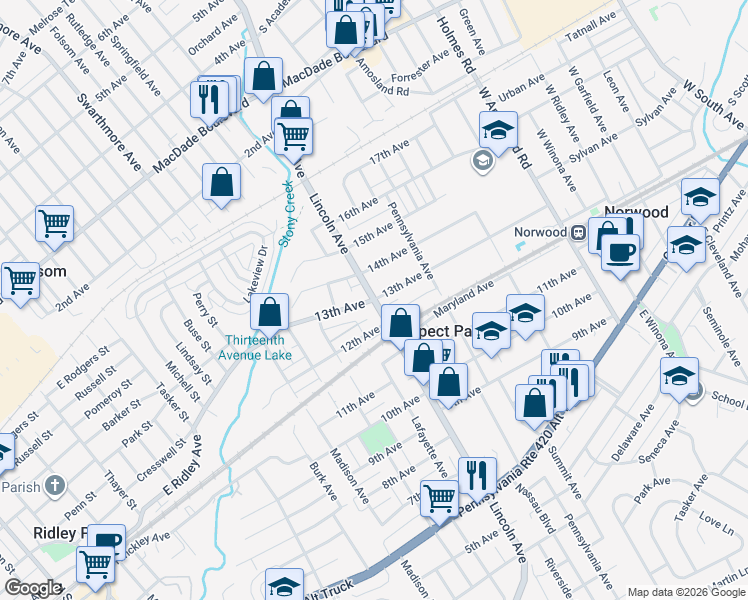 map of restaurants, bars, coffee shops, grocery stores, and more near Lincoln Avenue & 13th Avenue in Prospect Park