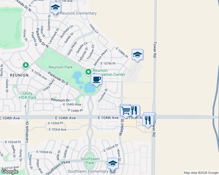 map of restaurants, bars, coffee shops, grocery stores, and more near 18000 East 106th Avenue in Commerce City