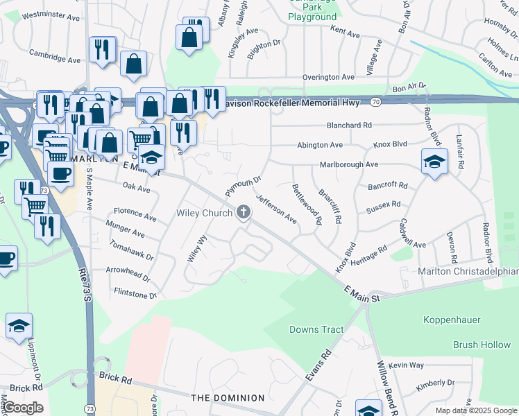 map of restaurants, bars, coffee shops, grocery stores, and more near 500 Marlton Pike in Cherry Hill Township