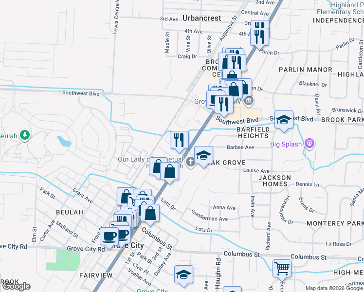 map of restaurants, bars, coffee shops, grocery stores, and more near 3659 Broadway in Grove City