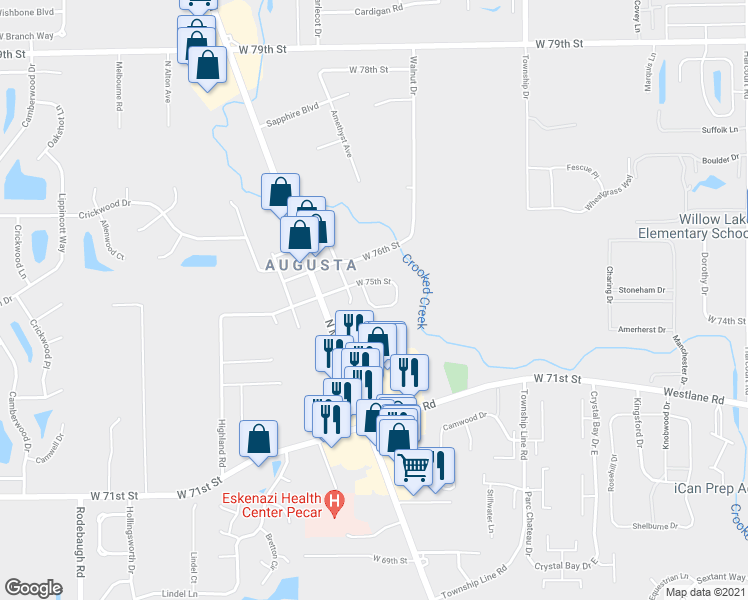 map of restaurants, bars, coffee shops, grocery stores, and more near 2809 West 75th Street in Indianapolis