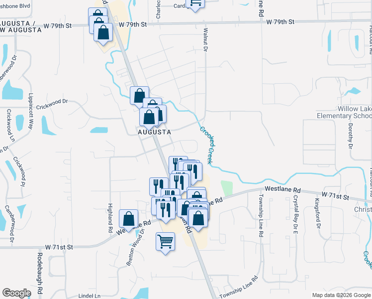 map of restaurants, bars, coffee shops, grocery stores, and more near 2809 West 75th Street in Indianapolis