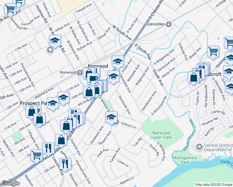 map of restaurants, bars, coffee shops, grocery stores, and more near 230 Mohawk Avenue in Norwood