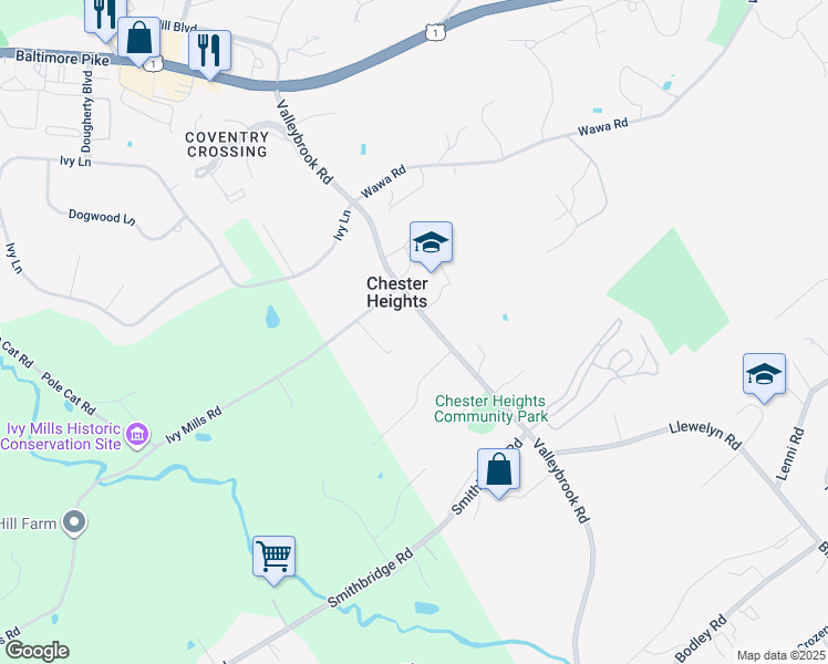 map of restaurants, bars, coffee shops, grocery stores, and more near 391 Valleybrook Road in Glen Mills
