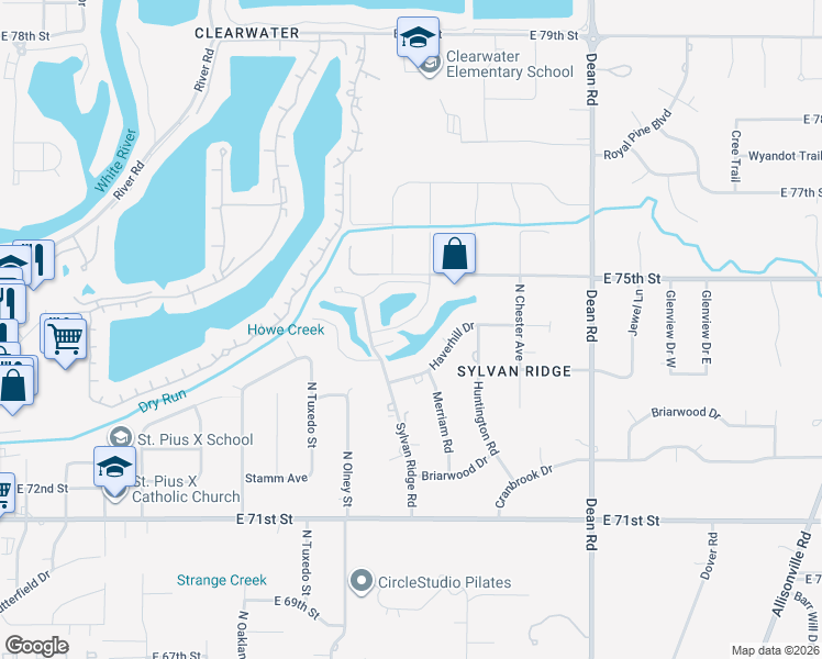 map of restaurants, bars, coffee shops, grocery stores, and more near 7424 Longleat Road in Indianapolis