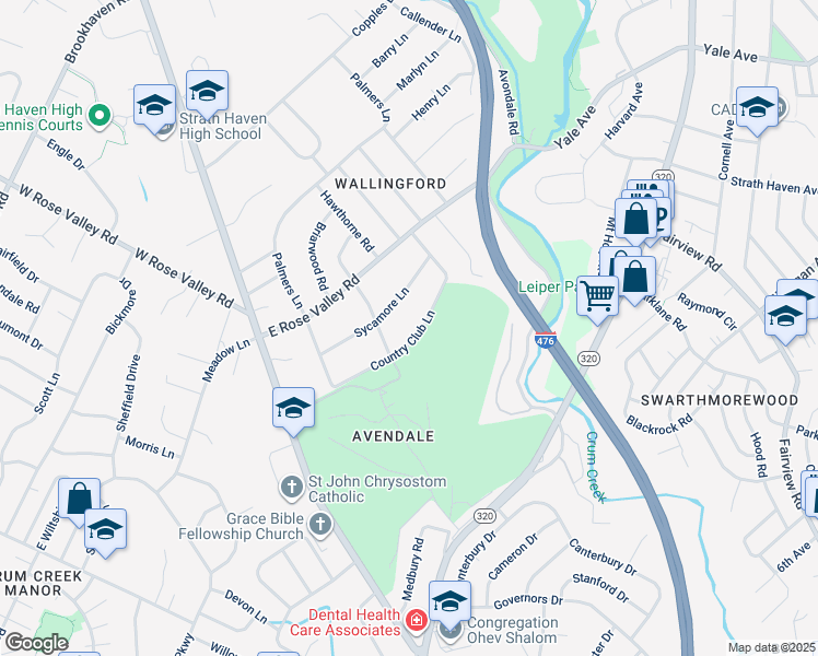 map of restaurants, bars, coffee shops, grocery stores, and more near West Country Club Lane in Nether Providence Township
