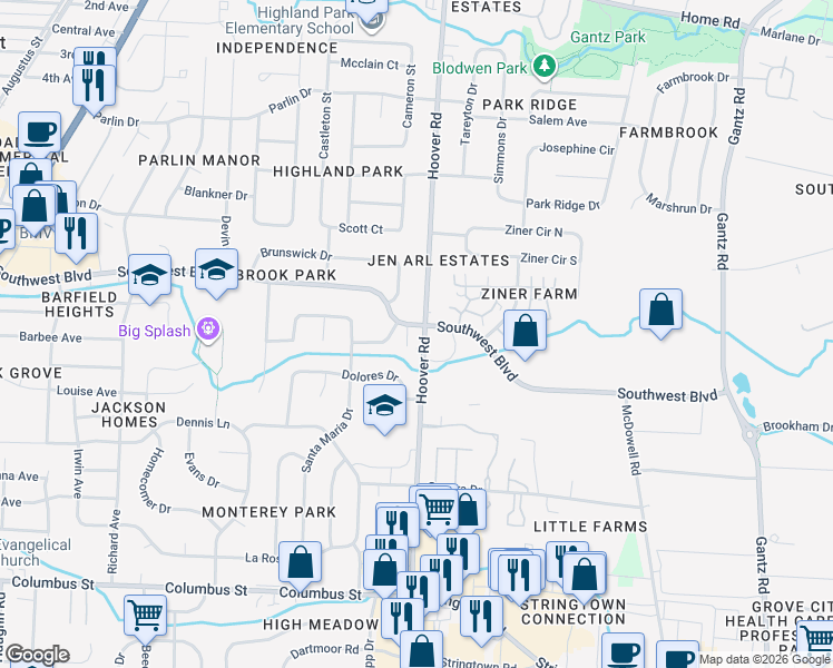 map of restaurants, bars, coffee shops, grocery stores, and more near 2544 Southwest Boulevard in Grove City
