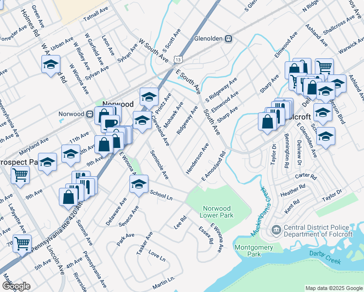 map of restaurants, bars, coffee shops, grocery stores, and more near 131 Elmwood Avenue in Norwood