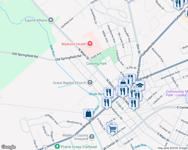 map of restaurants, bars, coffee shops, grocery stores, and more near 153 North Main Street in London