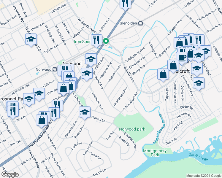 map of restaurants, bars, coffee shops, grocery stores, and more near 131 Elmwood Avenue in Norwood