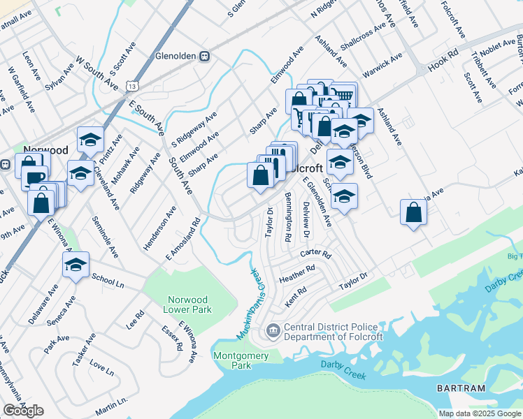map of restaurants, bars, coffee shops, grocery stores, and more near 2111 Delmar Drive in Folcroft
