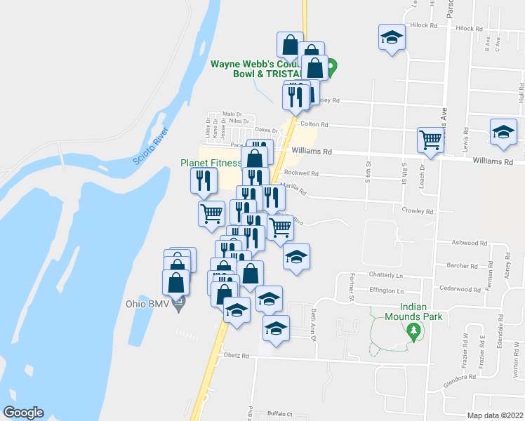 map of restaurants, bars, coffee shops, grocery stores, and more near S High St & Highview Blvd in Columbus