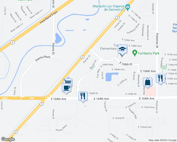 map of restaurants, bars, coffee shops, grocery stores, and more near 10564 Racine Circle in Commerce City