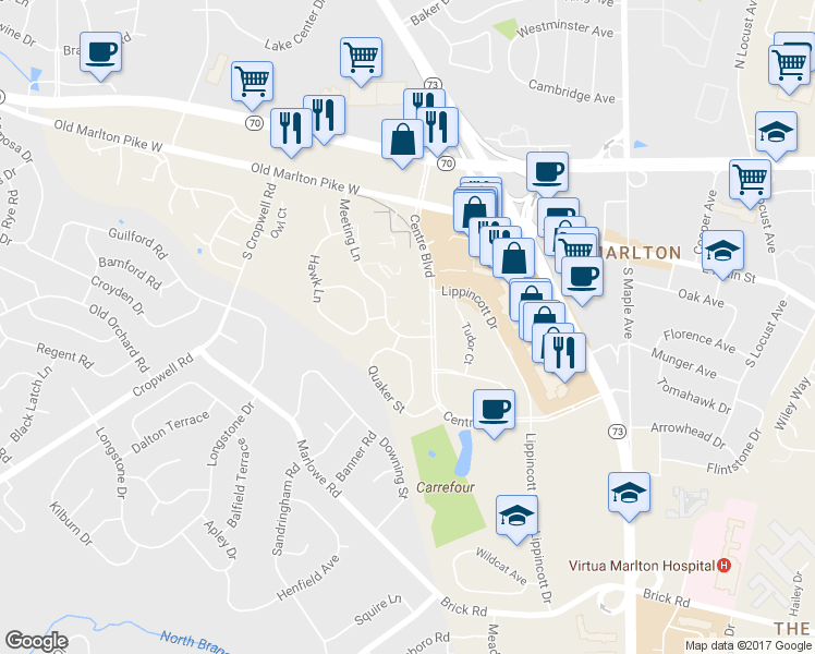 map of restaurants, bars, coffee shops, grocery stores, and more near 905 Lindsey Court in Evesham