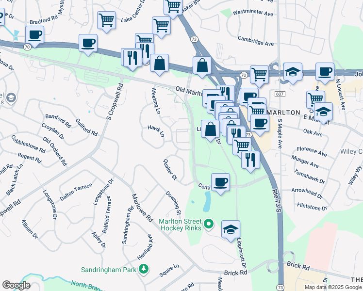 map of restaurants, bars, coffee shops, grocery stores, and more near 905 Lindsey Court in Evesham