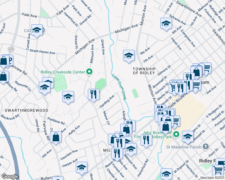 map of restaurants, bars, coffee shops, grocery stores, and more near 635 Marion Lane in Swarthmore