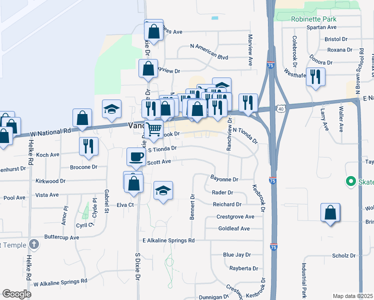 map of restaurants, bars, coffee shops, grocery stores, and more near 221 Tionda Drive South in Vandalia