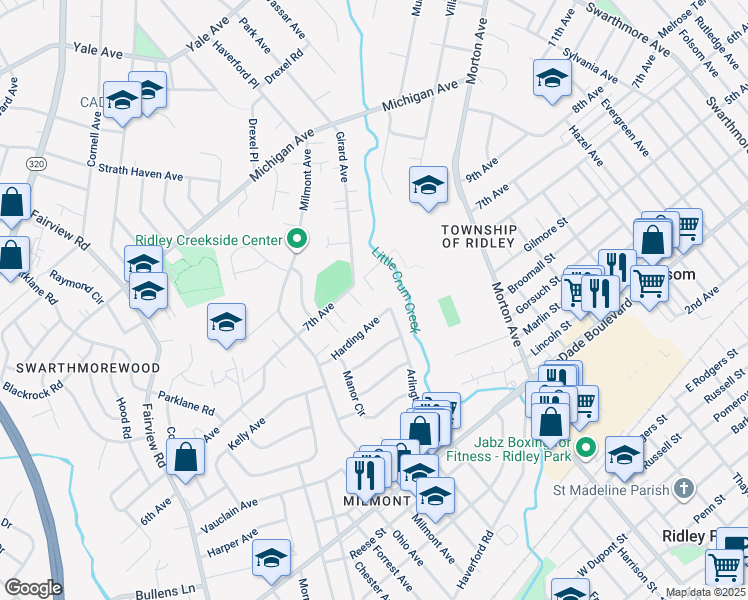 map of restaurants, bars, coffee shops, grocery stores, and more near 635 Marion Lane in Swarthmore