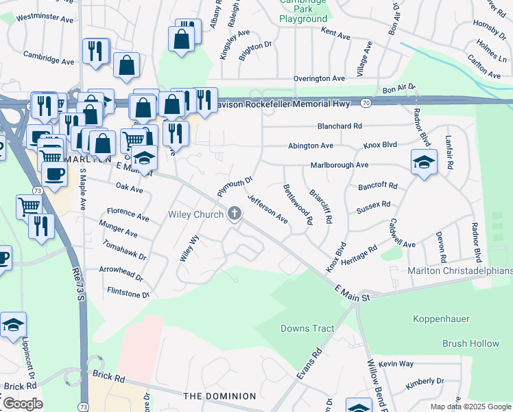 map of restaurants, bars, coffee shops, grocery stores, and more near 12 Jefferson Avenue in Evesham Township