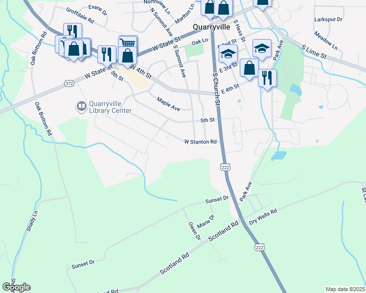 map of restaurants, bars, coffee shops, grocery stores, and more near 205 West Stanton Road in Quarryville