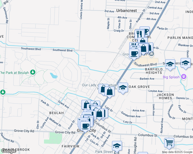 map of restaurants, bars, coffee shops, grocery stores, and more near 3755 Broadway in Grove City