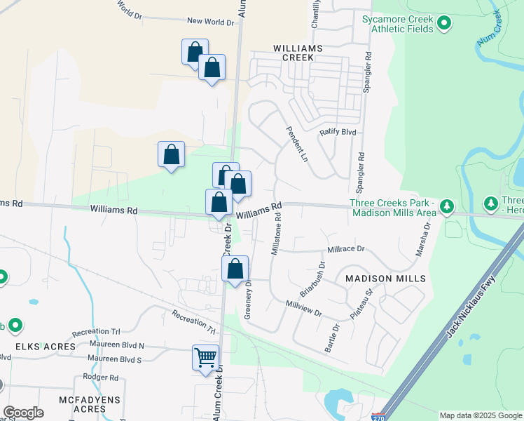 map of restaurants, bars, coffee shops, grocery stores, and more near 2369 Williams Road in Columbus
