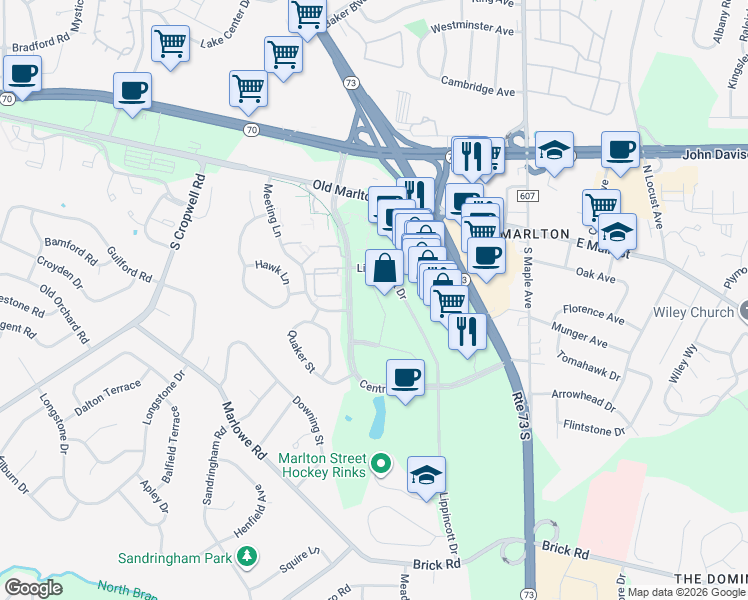 map of restaurants, bars, coffee shops, grocery stores, and more near 35 Tudor Court in Evesham Township