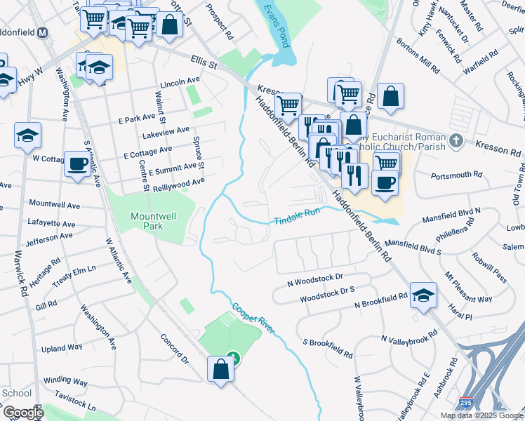 map of restaurants, bars, coffee shops, grocery stores, and more near 213 Tavistock Road in Cherry Hill