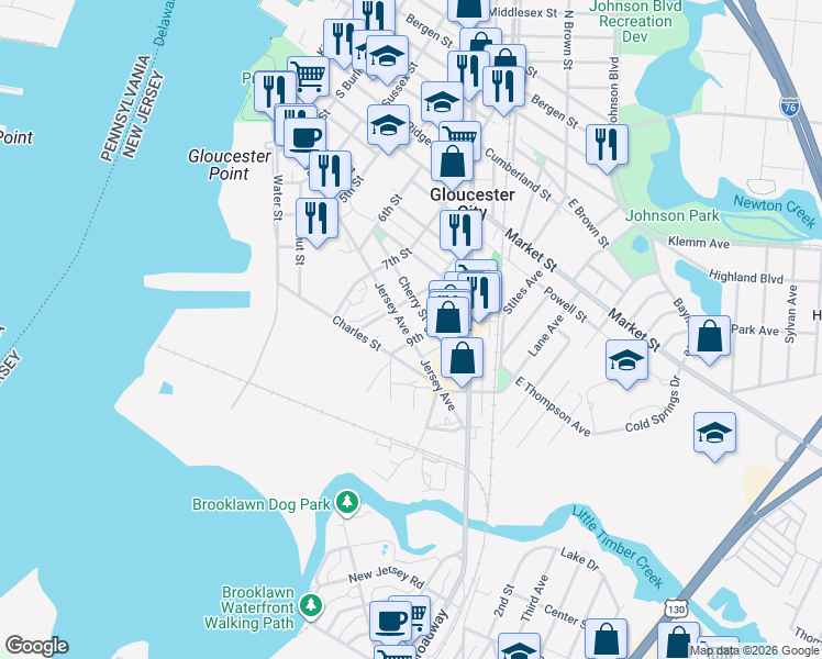 map of restaurants, bars, coffee shops, grocery stores, and more near 813 Jersey Avenue in Gloucester City