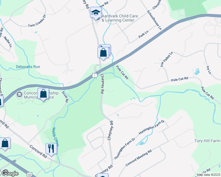 map of restaurants, bars, coffee shops, grocery stores, and more near 207 Cheyney Road in Glen Mills