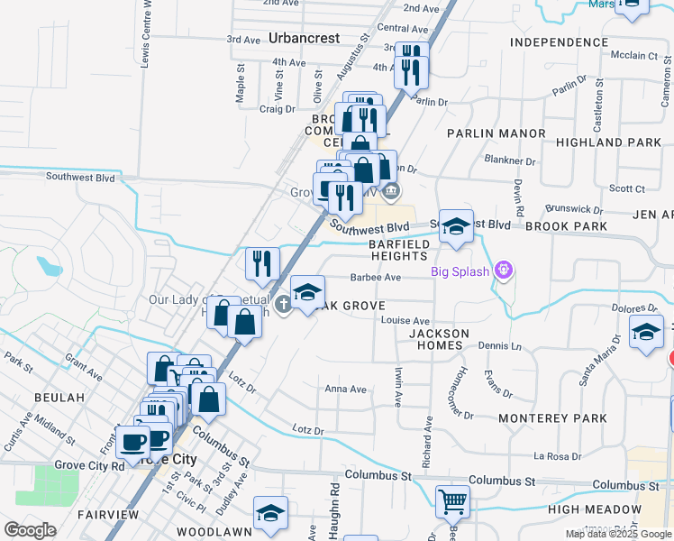 map of restaurants, bars, coffee shops, grocery stores, and more near 3101 Thomas Avenue in Grove City