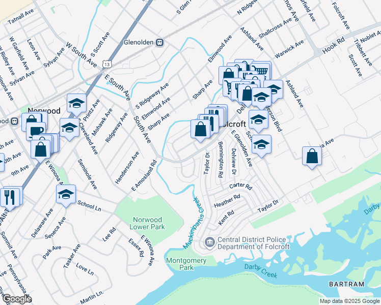 map of restaurants, bars, coffee shops, grocery stores, and more near 2114 Delmar Drive in Folcroft