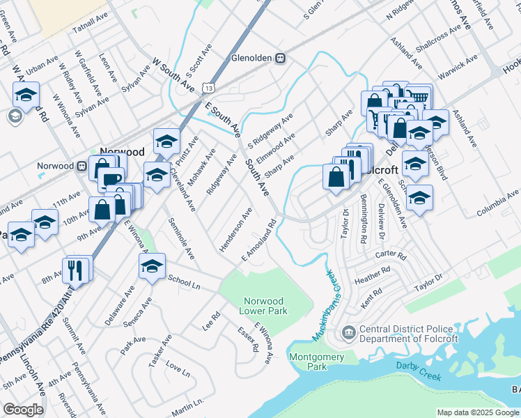 map of restaurants, bars, coffee shops, grocery stores, and more near 334 South Avenue in Norwood