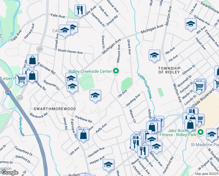 map of restaurants, bars, coffee shops, grocery stores, and more near 727 Milmont Avenue in Swarthmore
