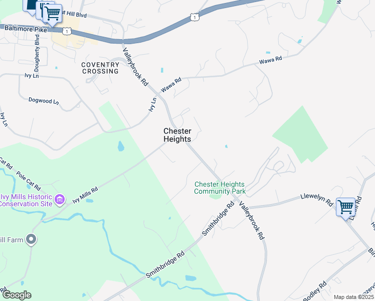 map of restaurants, bars, coffee shops, grocery stores, and more near 391 Valleybrook Road in Glen Mills